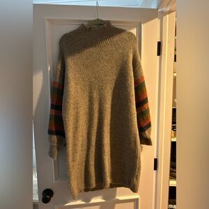 Lush Gray Sweater with Colorful Striped Sleeves